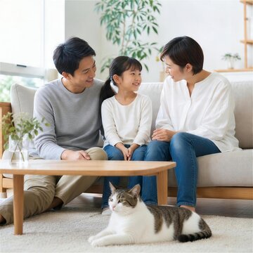 リビングで猫と過ごす家族