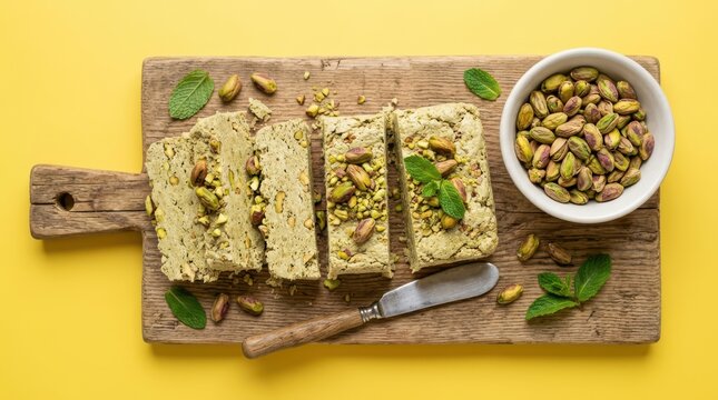 Pistachio halva sliced on a wooden board with mint leaves and a bowl of pistachios on a yellow background