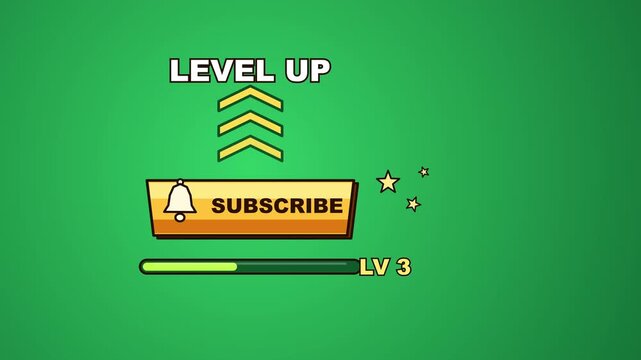 Level up subscribe button animation, retro pixel art, gaming reward, notification bell, progress bar, motion graphic