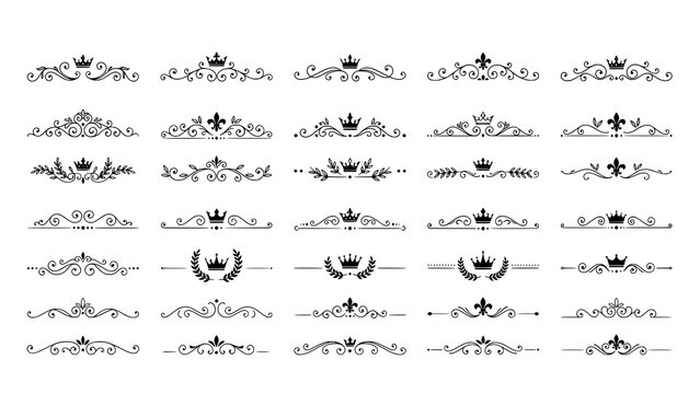 Collection of vintage decorative flourishes and royal crown dividers for elegant wedding invitation card design