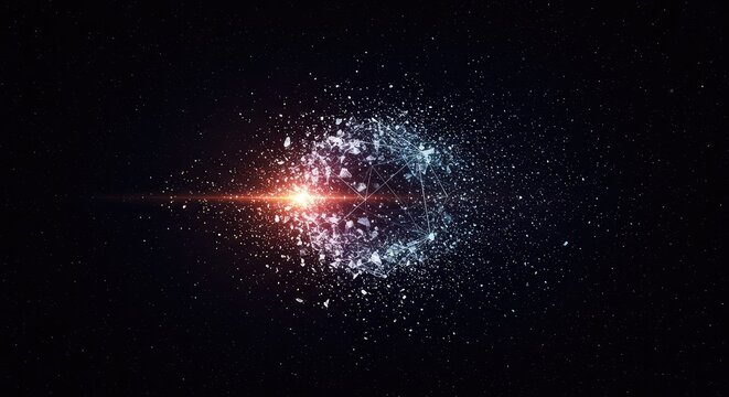 An intricate abstract geometric structure breaking apart and dissolving into sparkling dust particles against a deep, dark, cosmic background ,intangible ,structure ,dramatic