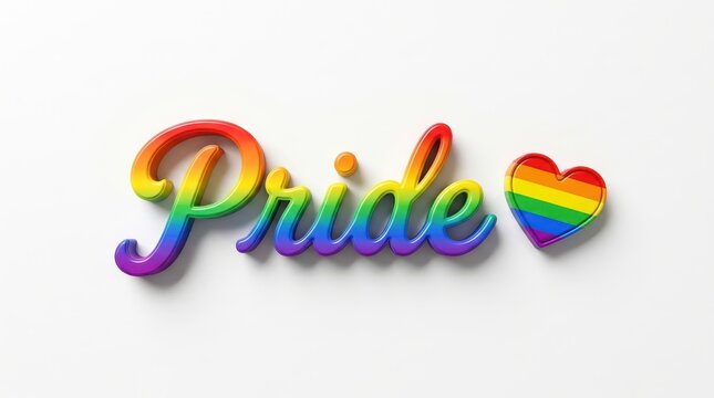 3d pride text with rainbow gradient and heart icon isolated on white background