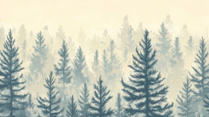 Fototapeta premium Abstract pine forest landscape with foggy haze and soft sunlight minimalist design background wallpaper illustration for nature themes.