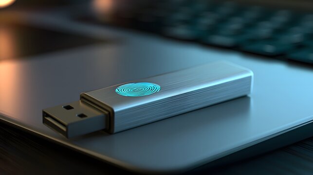A biometric USB flash drive representing secure access and personal data protection. Perfect for cybersecurity presentations and privacy campaigns.