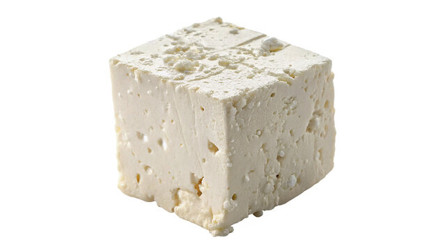 Single block of white fresh feta or tofu cheese with textured surface isolated on transparent background