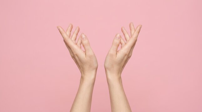 Two hands reaching upwards against a pink background