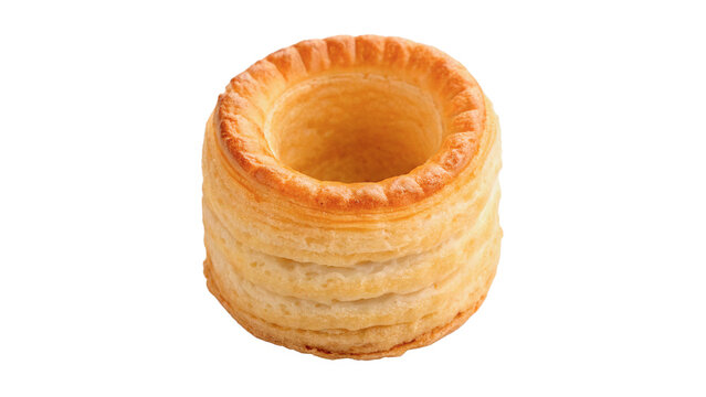 Fresh crispy golden puff pastry vol au vent shell hollow inside isolated on transparent background