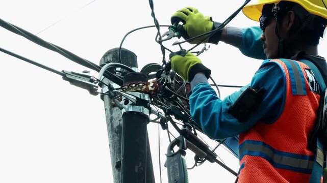 Skilled electricians are maintaining low voltage power lines to prevent customers from experiencing power outages