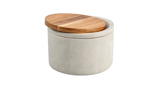 Modern minimalistic grey concrete storage jar container with wooden bamboo lid isolated on transparent background