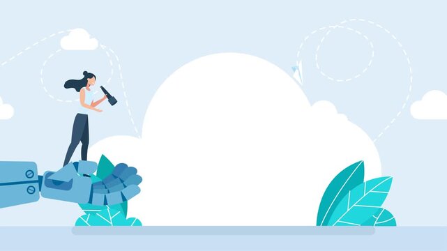 Robot holding a businesswoman with a telescope, helping her to look further ahead. Business woman analyst use telescope climb up. Artificial intelligence technology futuristic, AI. 2d flat animation