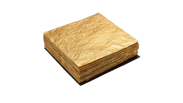 Stack of square gold metallic sheets or golden foil sheets isolated on transparent background