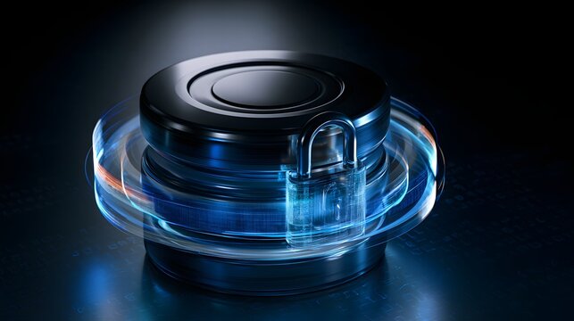 A secure database protected by a digital lock, illustrating enterprise information security and database protection.