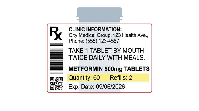 Pharmaceutical prescription bottle label vector graphic illustration showing metformin medication details for patient health care usage