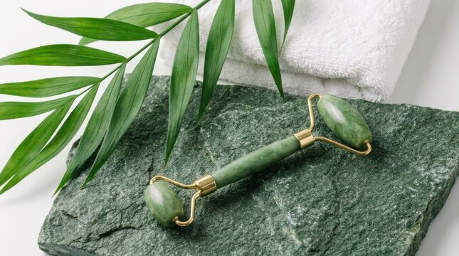 Jade facial roller on a textured green stone slab with a palm leaf and a white towel