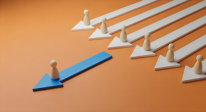 Wooden figures standing on arrows pointing in different directions on an orange background