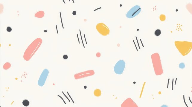 Abstract hand drawn memphis style geometric pattern design background with colorful pastels and minimalistic lines.