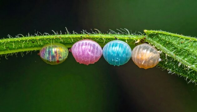 Macro view of colorful insect eggs on green leaf.