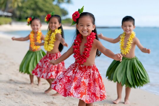 Hawaiian children smiling and performing hula on beach