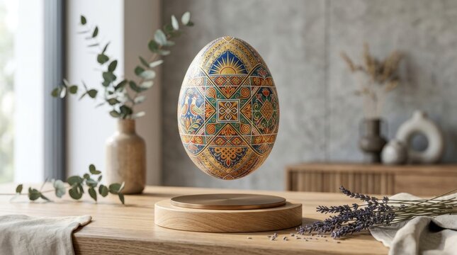 Beautiful easter egg artwork displayed on modern wooden pedestal creating festive holiday atmosphere indoor.