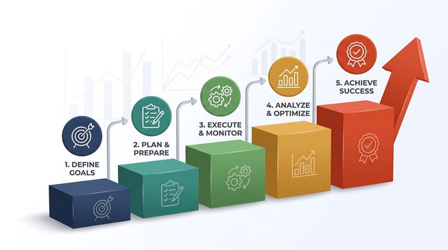 Business growth infographic with 5 steps to success, colorful 3D bar chart showing progress and development, strategic planning process with icons for corporate presentations and reports.
