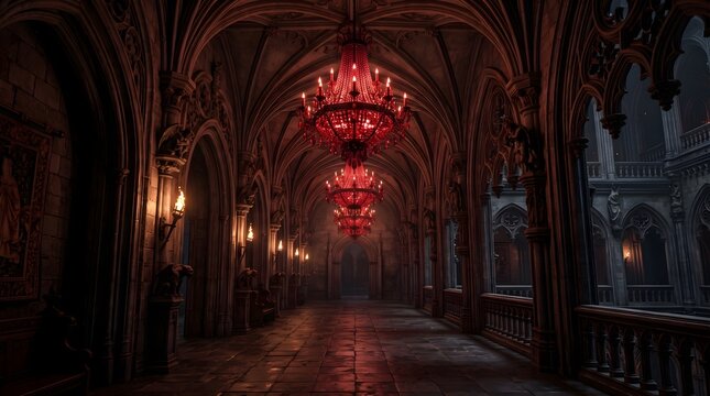 Ornate gothic hallway features glowing crimson crystal chandeliers hanging from vaulted ceilings within a dark ancient stone architectural castle corridor interior