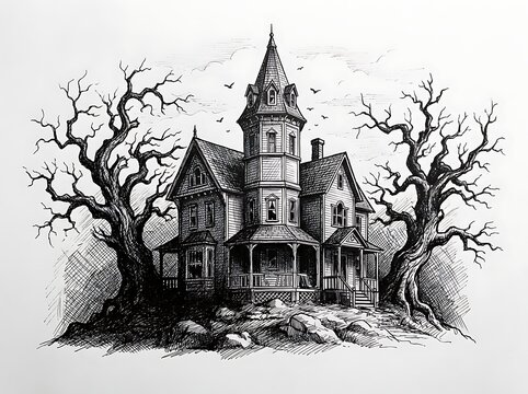 A detailed black and white ink drawing of a spooky victorian haunted mansion surrounded by bare gnarled trees on a white background