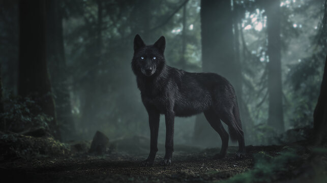 A majestic black wolf standing alone in a dark, misty forest, captured with a cinematic atmosphere and intense blue eyes that convey power, mystery, and wild nature.