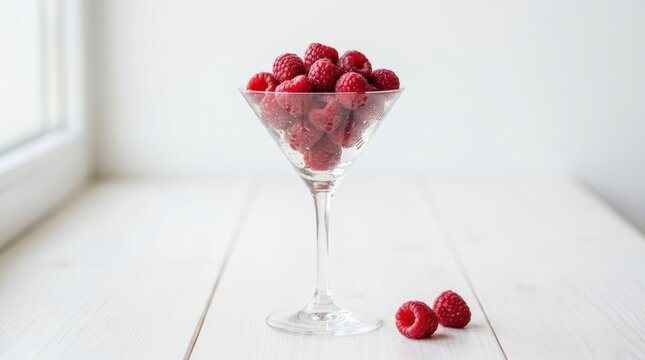 Fresh raspberries in a martini glass on a white wooden table isolated on white background
