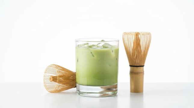 Iced matcha latte in a glass with bamboo whisks isolated on white background