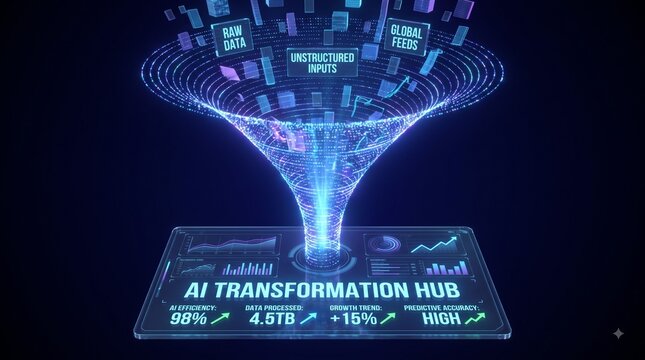 Data processing transformation hub featuring glowing artificial intelligence funnel and financial analytics artificial intelligence transformation analytics business technology visualization
