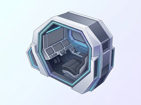 Isometric Futuristic Sci-Fi Cockpit Illustration with Control Panel and Pilot Seat for Space Concept