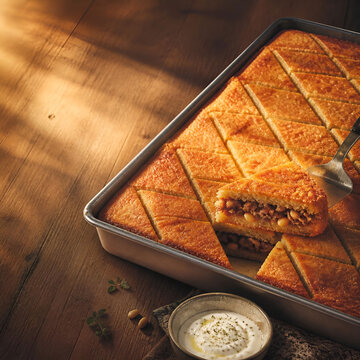 Baked kibbeh bil sanieh tray with diamond cuts for wedding buffet