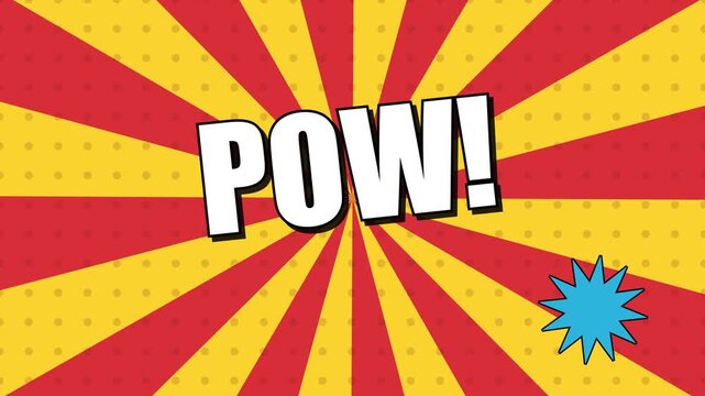 Comic pop art POW text animation, explosion burst graphic with comic style background, motion graphic