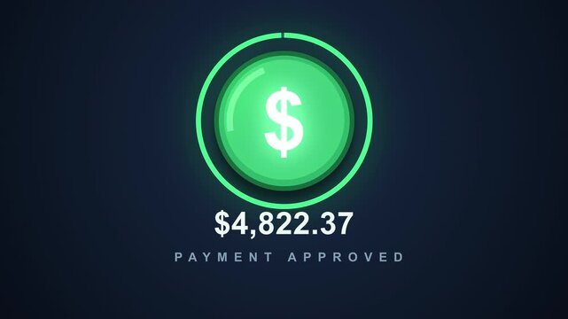 money sign transition animation showing payment approved with glowing green circle and digital numbers