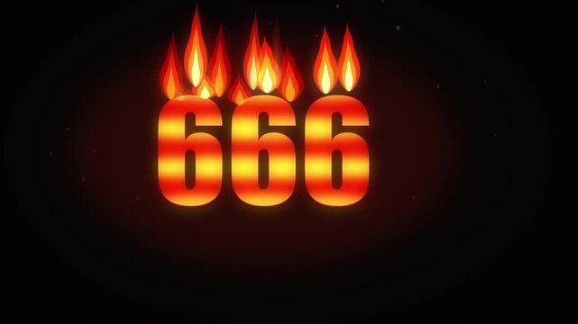 Number 666 on fire animation loop, flaming digits in hellfire, dark ominous atmosphere