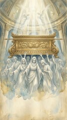 Fototapeta premium Group of woman and man lifting golden Ark of the Covenant in heaven. Biblical apocalypse and divine revelation. Religious illustration of holy relic and angels for spiritual belief.