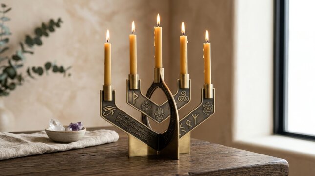 A beautifully crafted golden menorah or candelabra with five lit candles, placed elegantly on a rustic wooden table.
