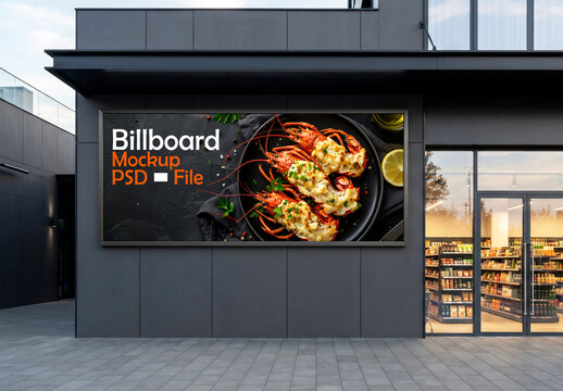 Modern restaurant building exterior seafood billboard mockup