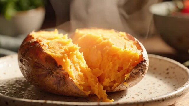 Steaming Hot Baked Sweet Potato Split Open Close Up