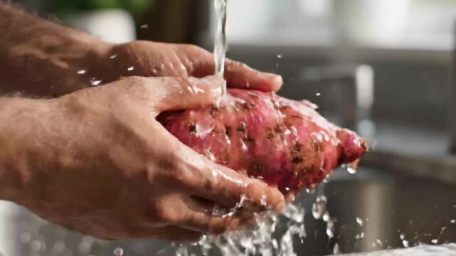 Hands Washing Fresh Raw Sweet Potato Under Running Water