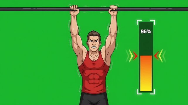 Muscular male character performing pull-ups with digital energy meter interface on green background fitness concept