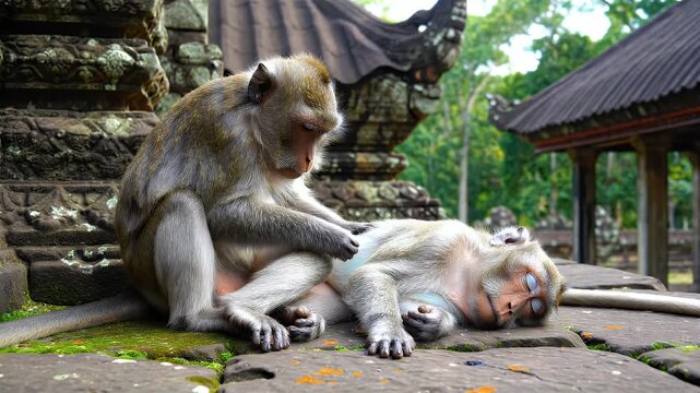 Two macaque monkeys grooming each other resting on ancient stone ruins in a lush tropical jungle environment