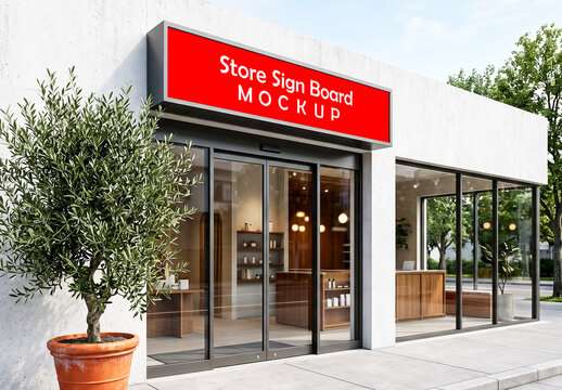Modern store front with red sign board mockup