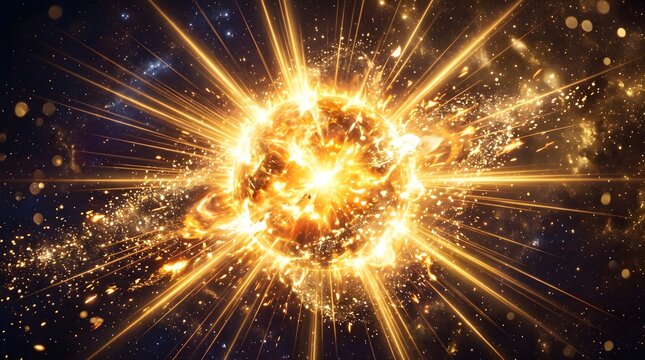 Glowing golden star exploding in deep space with intense light rays and swirling cosmic particles across the dark vast universe