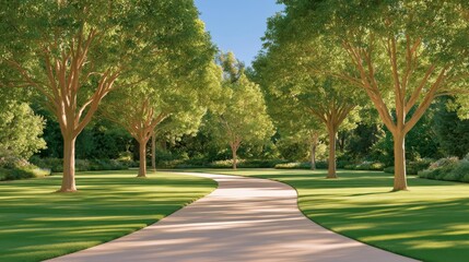 Obraz premium Peaceful garden path lined with trees under soft morning light