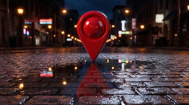 Red map pin icon on wet cobblestone street at night, 3D location pointer symbol in urban city setting, navigation and destination concept with bokeh lights and reflection on pavement.