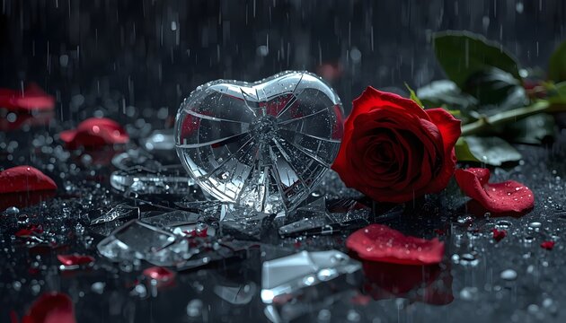 Broken glass heart resting beside a vibrant red rose on a wet dark surface during a stormy night captures themes of deep emotional heartbreak sadness romance loss and fragile love