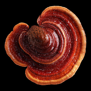 Red reishi mushroom in macro isolated on dark background with clipping path, symbolizing nature and wellness and vitality