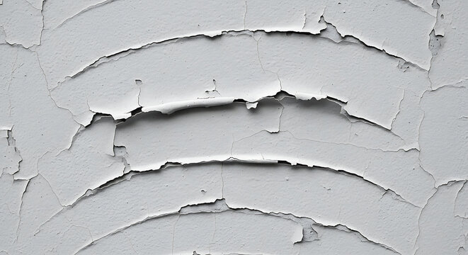 White Closeup view of peeling and cracked wall paint revealing a rough texture on an aged and weathered surface