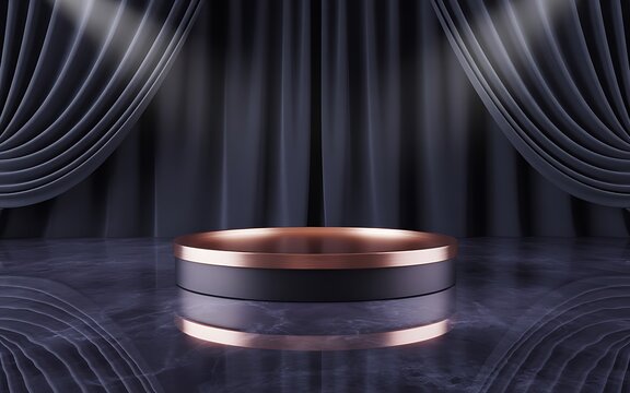 Modern round stage platform with metallic trim and dark curtains backdrop